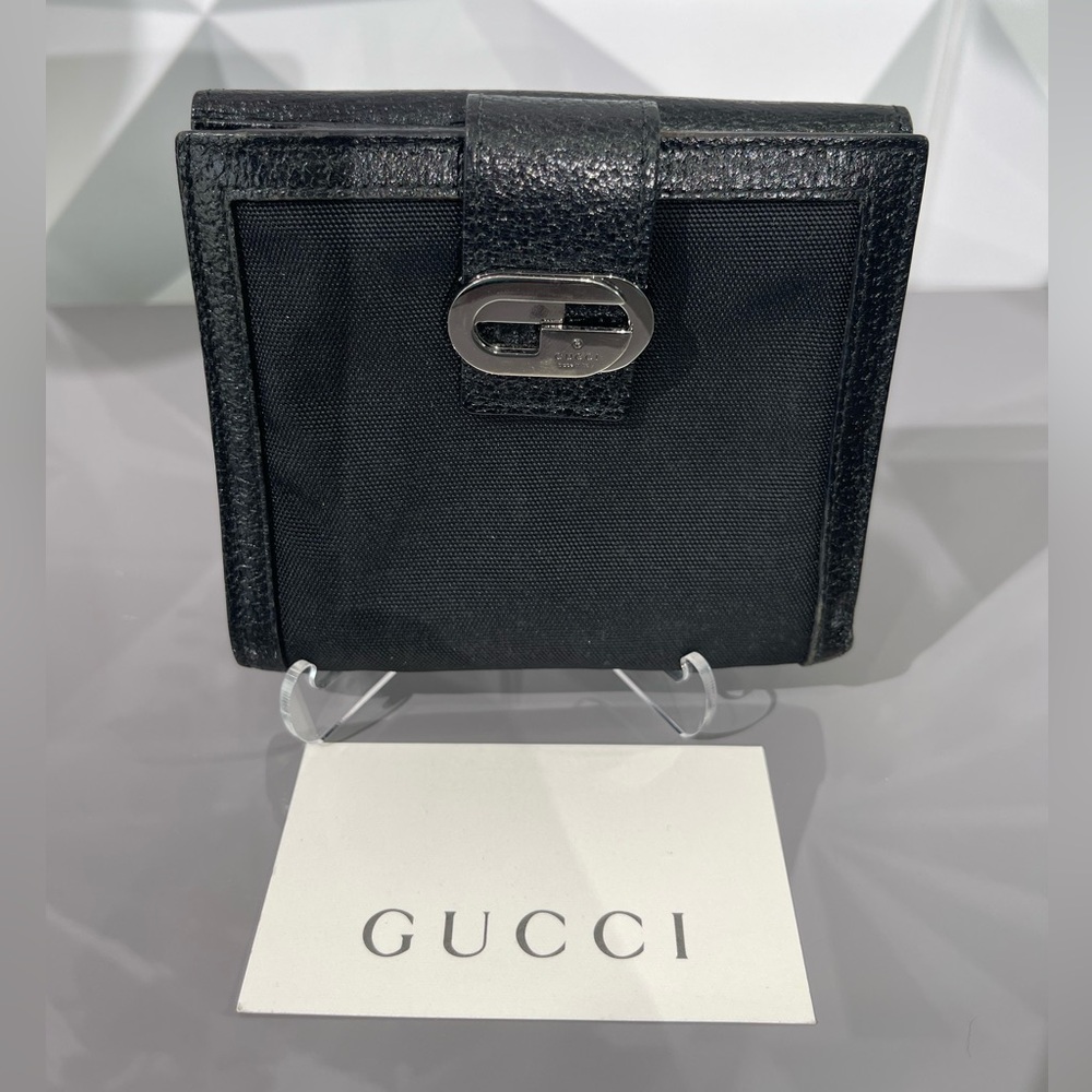 Gucci Short Bifold Wallet Black Canvas And Leather With Silver GG Clasp Closure